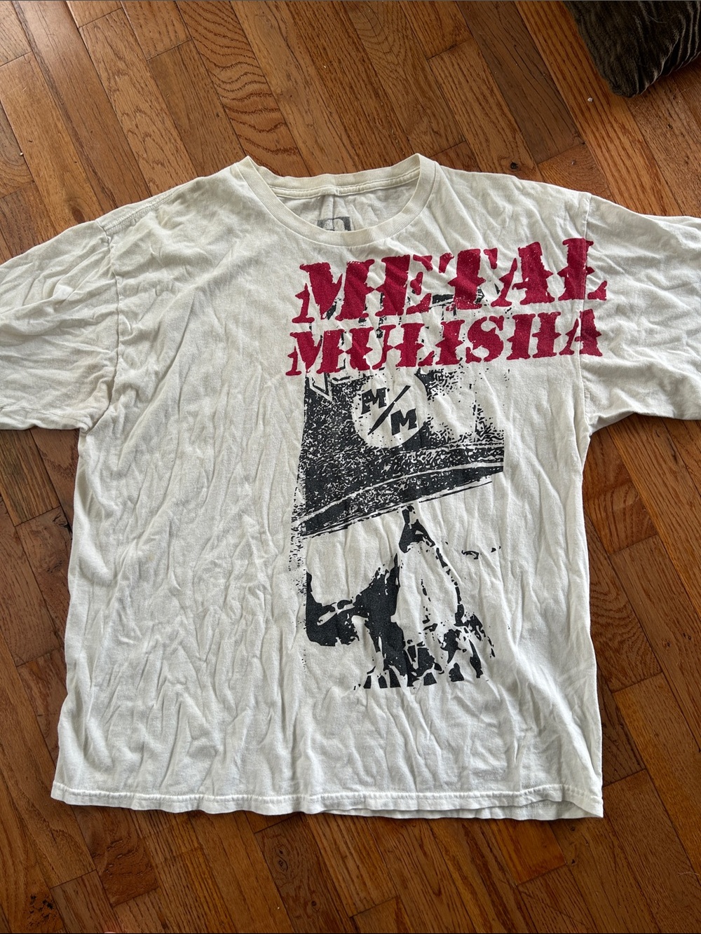 Metal Mulisha White Short Sleeve Tee with Red Logo and Black Graphic
